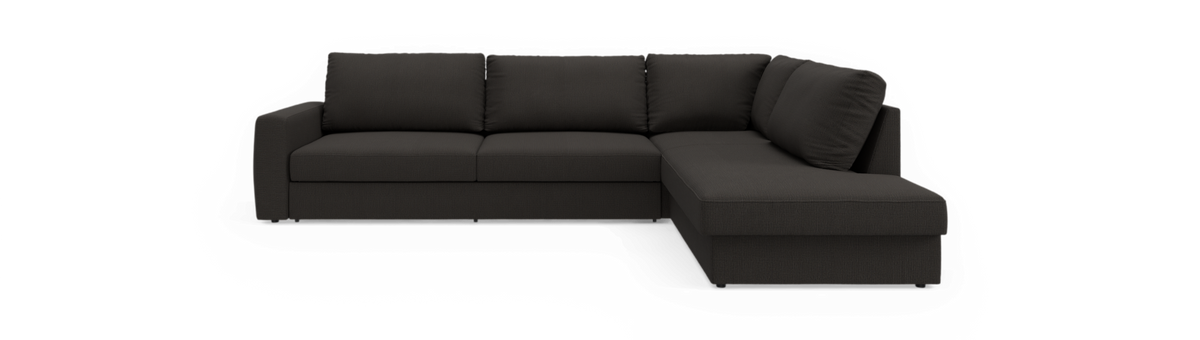 Mørkegrå L-sofa med chaiselong til højre, frontvisning på sort baggrund.