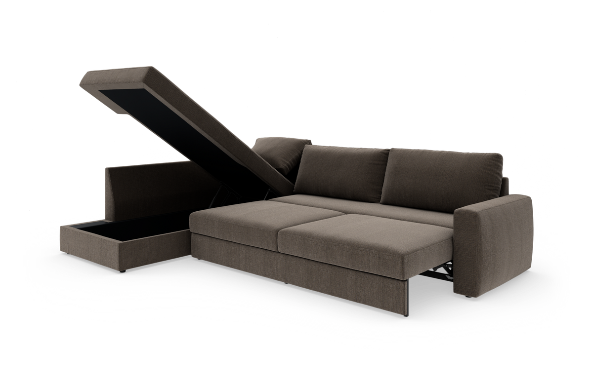 Brun sovesofa med chaiselong og åben opbevaring; liggefladen er trukket ud.