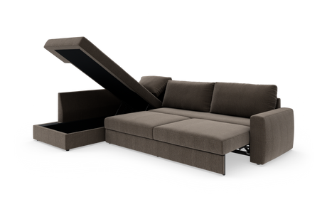 Brun sovesofa med chaiselong og åben opbevaring; liggefladen er trukket ud.