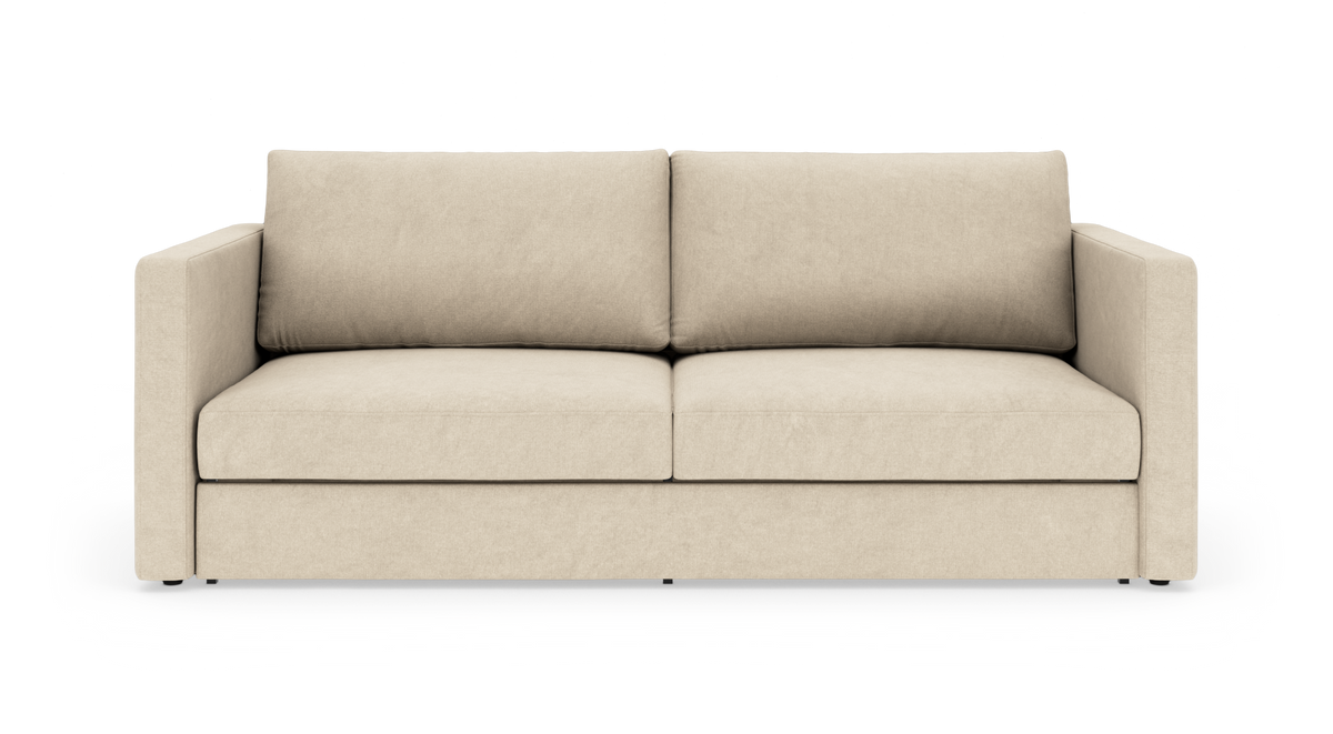 Beige 2-personers sofa med lige armlæn, set forfra på hvid baggrund.