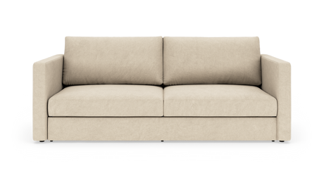 Beige 2-personers sofa med lige armlæn, set forfra på hvid baggrund.