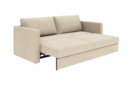 Beige sovesofa med udtræk, frilagt på hvid baggrund.