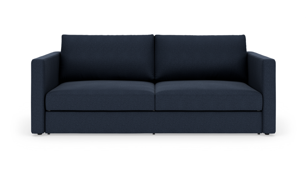 Mørkeblå 2-personers sofa forfra med enkel, moderne design på hvid baggrund.