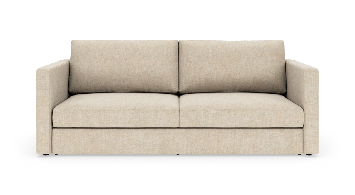 Beige 2-personers sofa med lige armlæn, frontvisning på hvid baggrund.