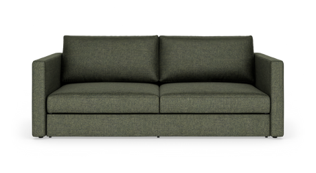 Grøn 2-personers sofa med lige armlæn, frilagt på hvid baggrund.