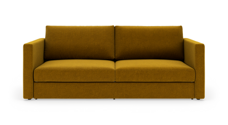 Sennepsgul 2-personers sofa med lige armlæn, frilagt mod hvid baggrund i frontvisning.
