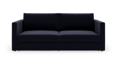 Mørk marineblå 3-personers sofa med firkantede armlæn, set forfra mod hvid baggrund.