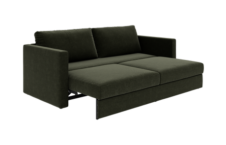Mørkegrøn moderne sovesofa med lige armlæn og udtrukket sengedel i tre sektioner, vist skråt forfra.
