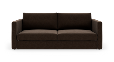 Mørkebrun 2-personers sofa med lige armlæn, frilagt på hvid baggrund, set forfra.