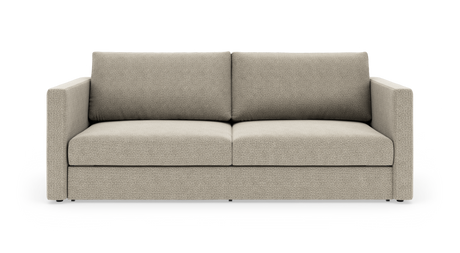 Beige, moderne sofa med to sædehynder og lige armlæn, fotograferet forfra mod hvid baggrund.
