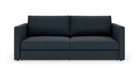 Mørkeblå 3-personers sofa med lige armlæn og to ryghynder, fritstående på hvid baggrund.