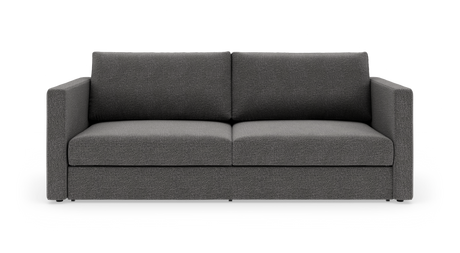 Mørkegrå, moderne 2-personers sofa med lige armlæn, to ryghynder og to sædehynder, frilagt på hvid baggrund i frontvisning.