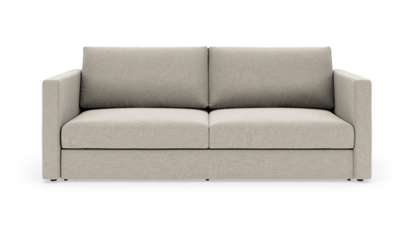 Beige 2-personers sofa med lige armlæn og to sæde- og ryghynder, frilagt på hvid baggrund.