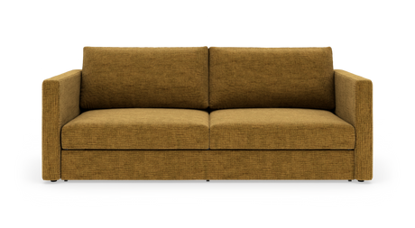 Moderne 2-personers sofa i sennepsgul tekstil, set forfra mod hvid studiobaggrund.