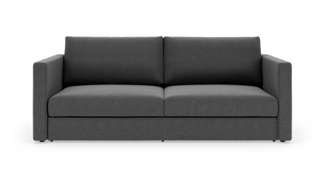 Mørkegrå sofa med lige armlæn set forfra på hvid baggrund.
