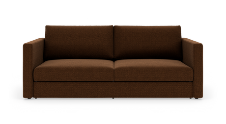 Brun 2-personers sofa med lige armlæn, fritstående mod hvid baggrund.