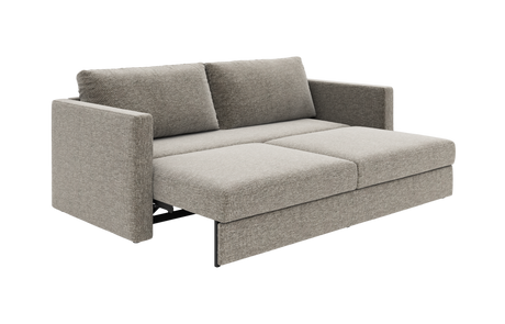 Gråbeige sovesofa i stof, vist udslået med to ryghynder og lige armlæn.