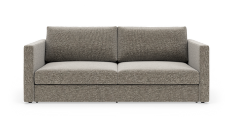 Grå/beige 2-personers stofsofa med lige armlæn, frontal visning i studie.