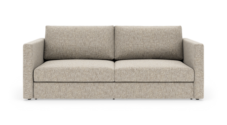 Beige 2-personers stofsofa med lige armlæn, to sædehynder og to ryghynder, frilagt på hvid baggrund.