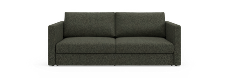 Mørkegrøn 2-personers sofa med lige armlæn, frontvisning på sort baggrund.