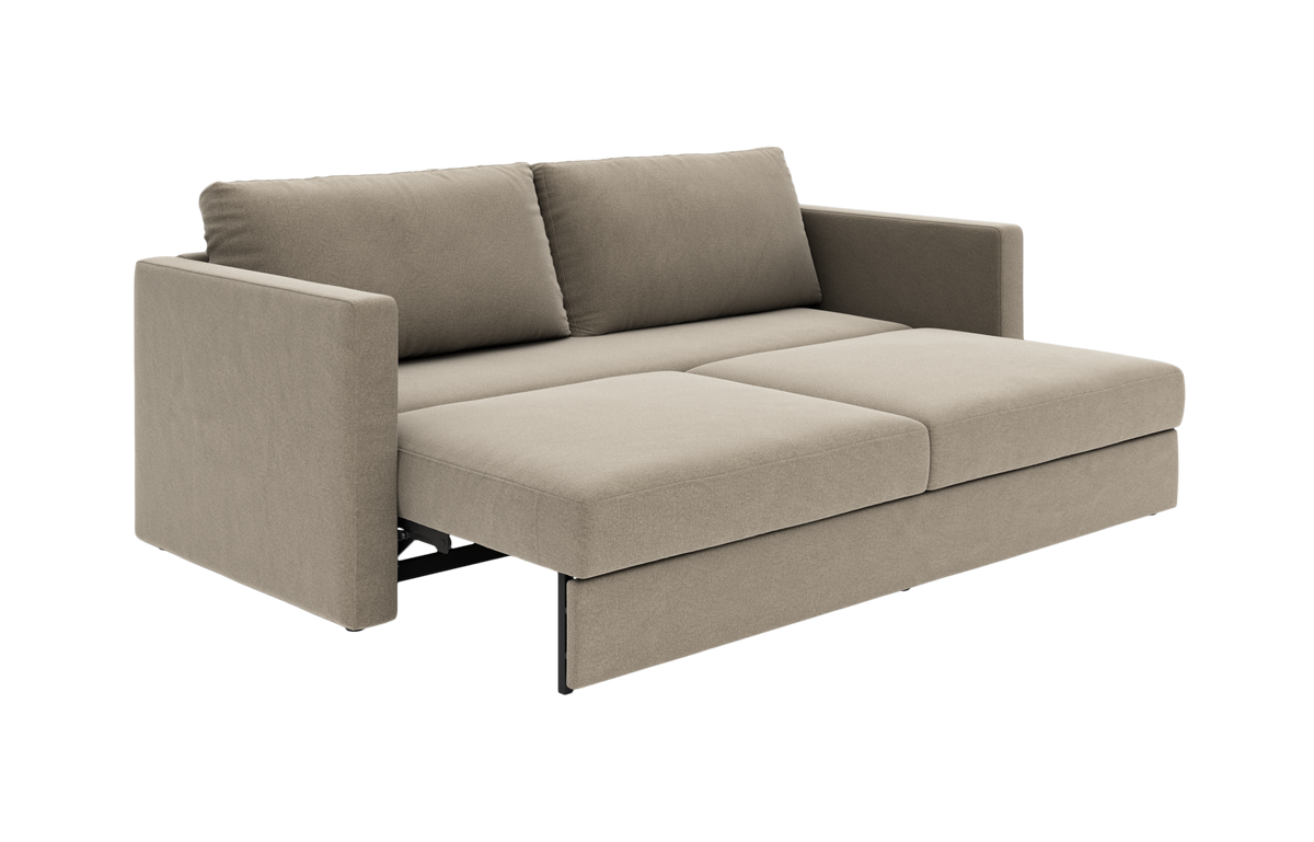 Beige sovesofa med lige armlæn, trukket ud i sengestilling i moderne, minimalistisk design.