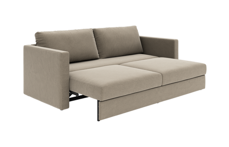 Beige sovesofa med lige armlæn, trukket ud i sengestilling i moderne, minimalistisk design.