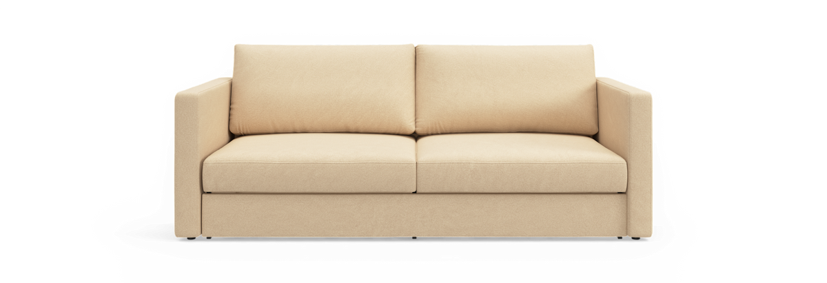 Beige 2-personers sofa med lige armlæn og to ryghynder, set forfra.