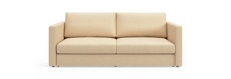 Beige 2-personers sofa med lige armlæn og to ryghynder, set forfra.