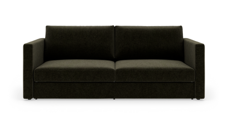Mørkegrøn 2-personers sofa med lige armlæn, frontvisning på hvid baggrund.