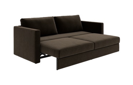 Mørkebrun sovesofa i moderne, enkel design med to ryghynder og udslået sovedel.