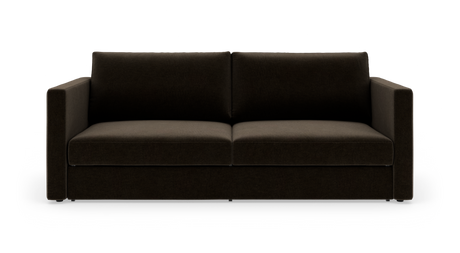 Mørkebrun sofa med rette armlæn og to sædehynder, set forfra og frilagt på hvid baggrund.
