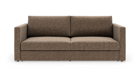Brun 2-personers sofa med lige armlæn og tykke hynder, frilagt på hvid baggrund.