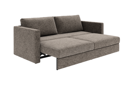 Gråbrun sovesofa i stof vist i udslået position, trekvart forfra.