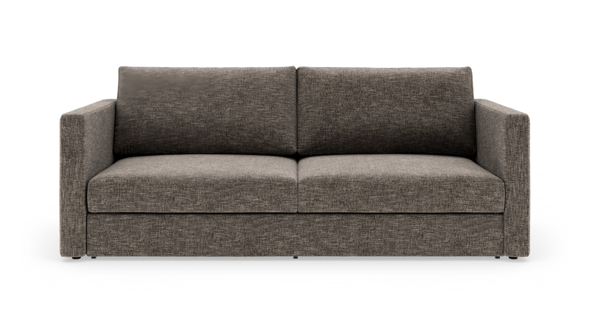 Brungrå 2-personers stofsofa i moderne, lige design set forfra på hvid baggrund.