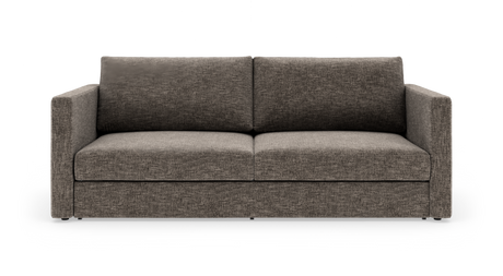 Brungrå 2-personers stofsofa i moderne, lige design set forfra på hvid baggrund.