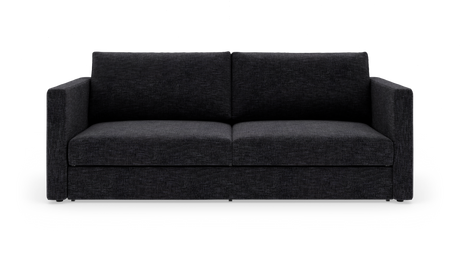 Mørkegrå 2-personers sofa med rette armlæn og to store ryghynder, frilagt på hvid baggrund.