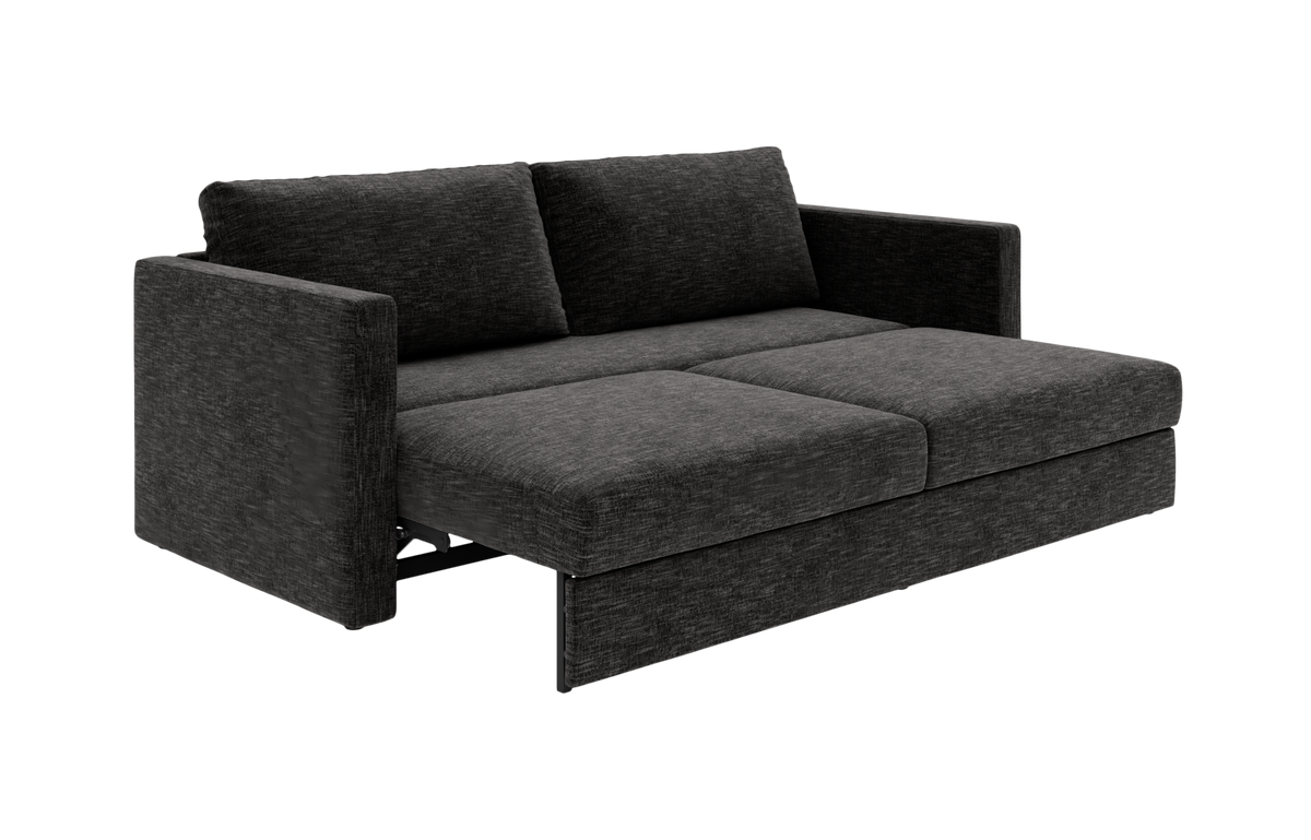 Mørkegrå sovesofa i stof, vist udslået med lige armlæn og to ryghynder.