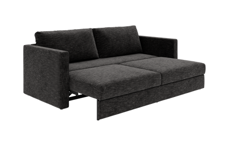 Mørkegrå sovesofa i stof, vist udslået med lige armlæn og to ryghynder.