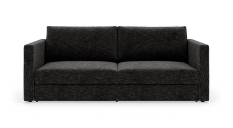 Mørkegrå 2-personers sofa med lige armlæn, fotograferet forfra på hvid baggrund.