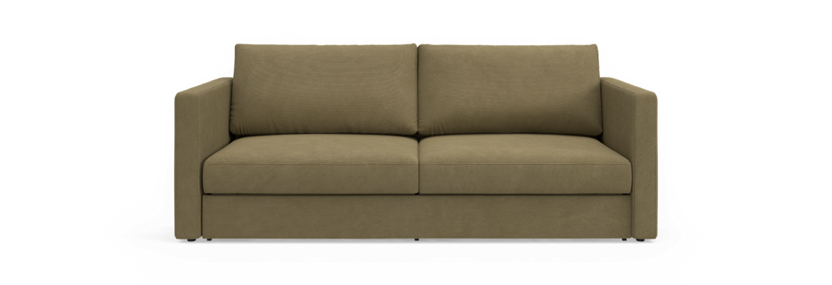 Olivengrøn 2‑personers sofa med lige armlæn og to løse ryghynder, set forfra.