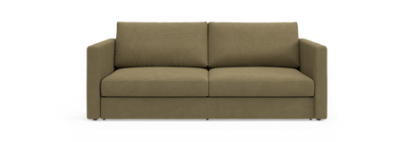Olivengrøn 2‑personers sofa med lige armlæn og to løse ryghynder, set forfra.