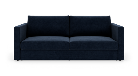 Mørkeblå 2-personers sofa med lige armlæn og kraftige hynder, frilagt på hvid baggrund.