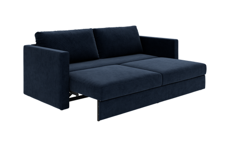 Mørkeblå sovesofa i velour, trukket ud til seng med lige armlæn.