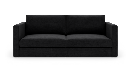 Sort 2-personers sofa med lige armlæn fotograferet lige forfra mod hvid baggrund.