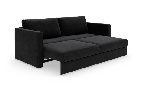Sort sovesofa i stof vist i udslået position, produktfoto i skrå vinkel.