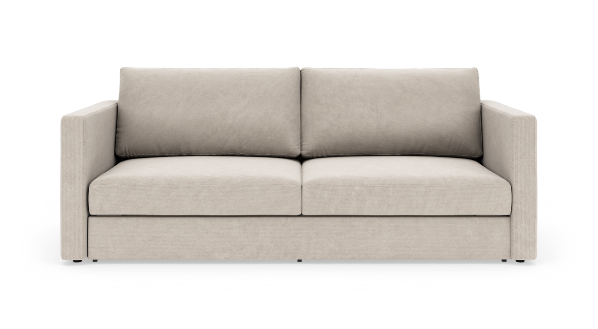 Beigefarvet 2-personers sofa med lige armlæn, frontvisning på hvid baggrund.