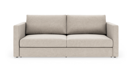 Beigefarvet 2-personers sofa med lige armlæn, frontvisning på hvid baggrund.