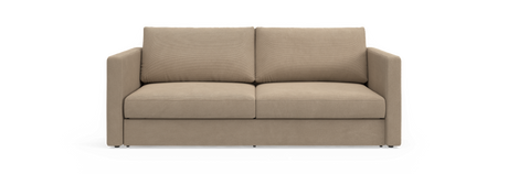Beige to-personers sofa med lige armlæn, frontvisning mod sort baggrund.