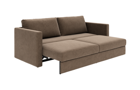 Brun sovesofa i stof med udtræks-/udfoldet liggeflade, moderne og enkel design, frilagt produktbillede.