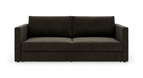 Mørkebrun to-personers sofa med lige armlæn og to ryghynder, fotograferet lige for i studie.